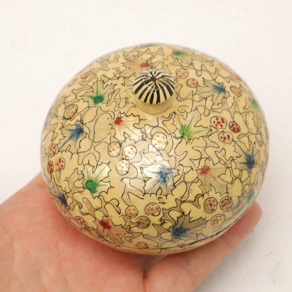 Kashmir Handmade Papier Mâchée Trinket Jewelry Box Jar Silver Leaf Yellow Black - Picture 7 of 9